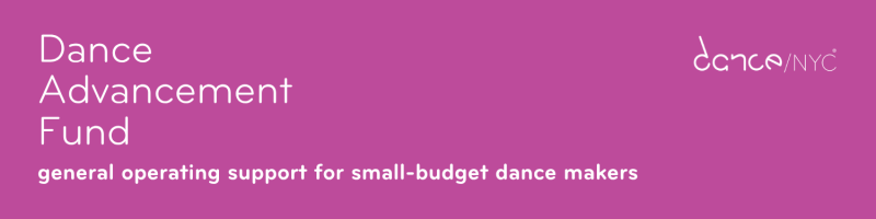 Pink background. White text reads 'Dance Advancement Fund. general operating support for small-budget dance makers'